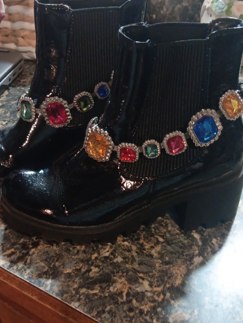 Betsey Johnson Black Patent Ankle Boots with Multi-Colored Gem Trim